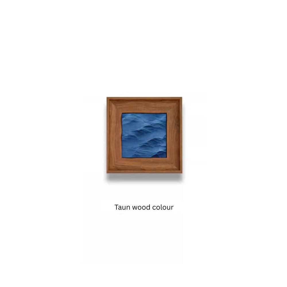 Taun wood color artwork with a blue wave pattern inside a wooden frame on a white background