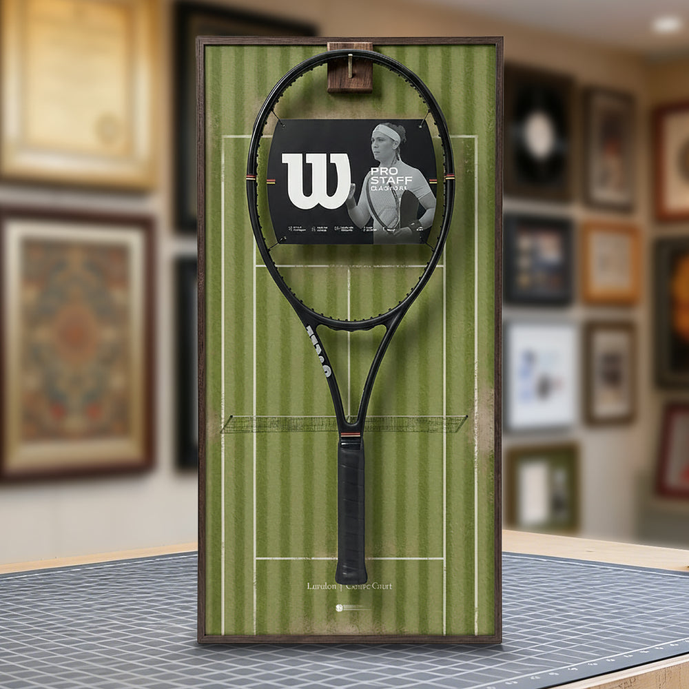 ONE MAAY Wimbledon grass court tennis racket wall display second lifestyle view showing Wilson Pro Staff racket mounted on green court art print background in modern home decor setting
